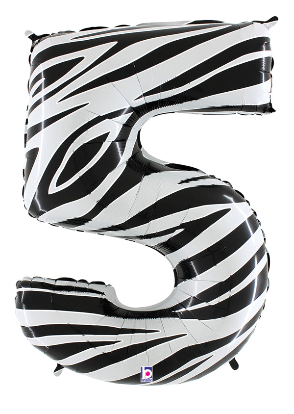 40" Zebra Foil Shape Polybagged Number 5 Balloon