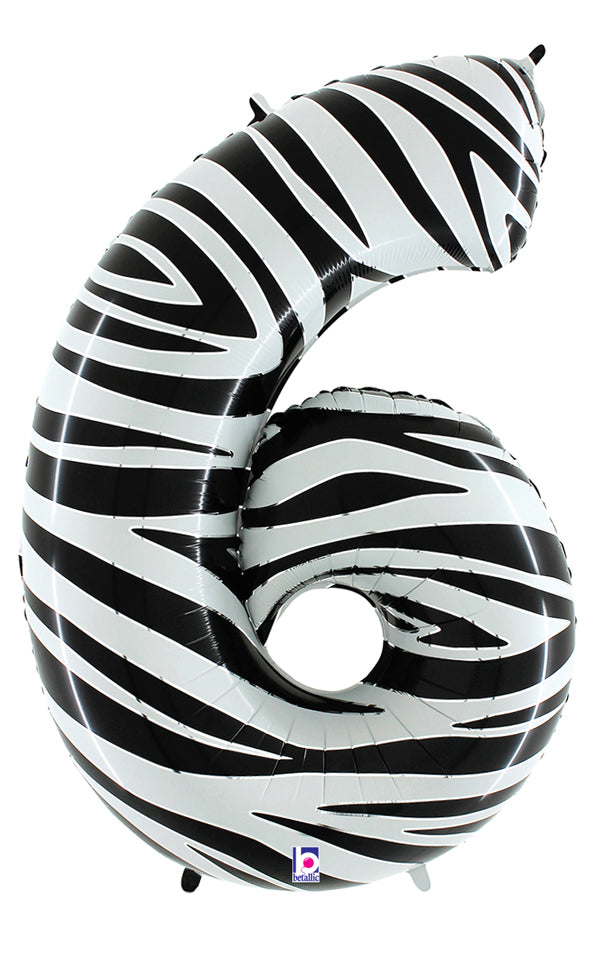 40" Zebra Foil Shape Polybagged Number 6 Balloon