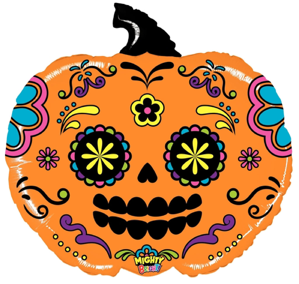 28" Bright Shape Mighty Pumpkin Sugar Skull Foil Balloon