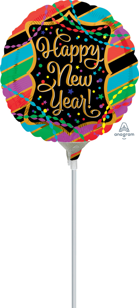 4" Airfill Only Happy New Years Streamers & Stripes Balloon