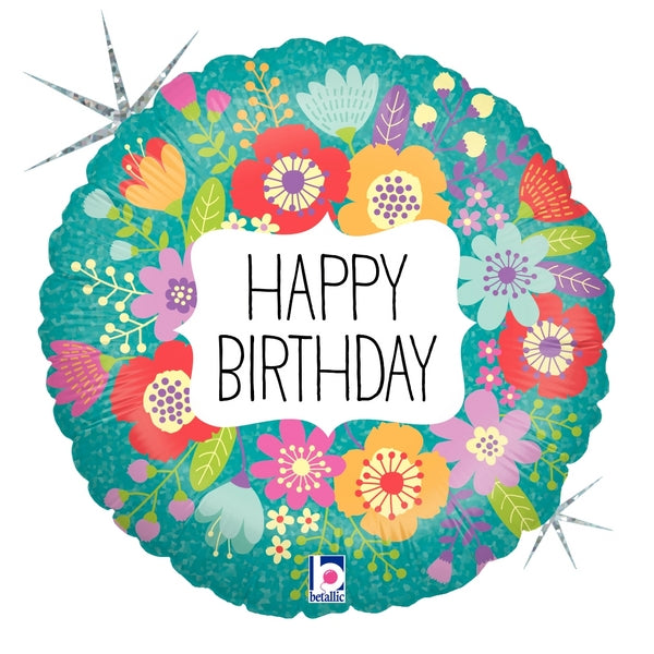 18" Holographic Balloon Packaged Wildflowers Birthday