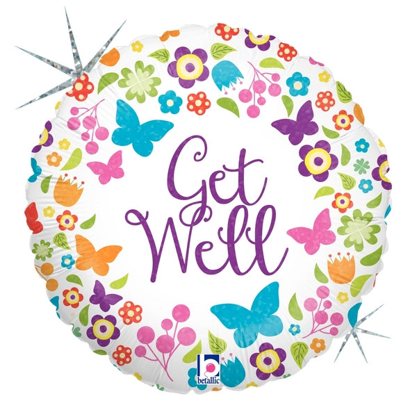 18" Holographic Packaged Butterflies & Flowers Get Well Balloon