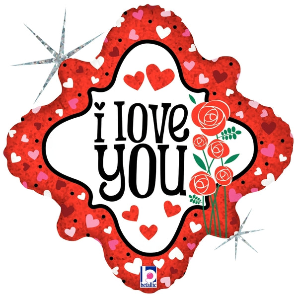 18" Diamond Holographic Balloon I Love You Hearts & Roses