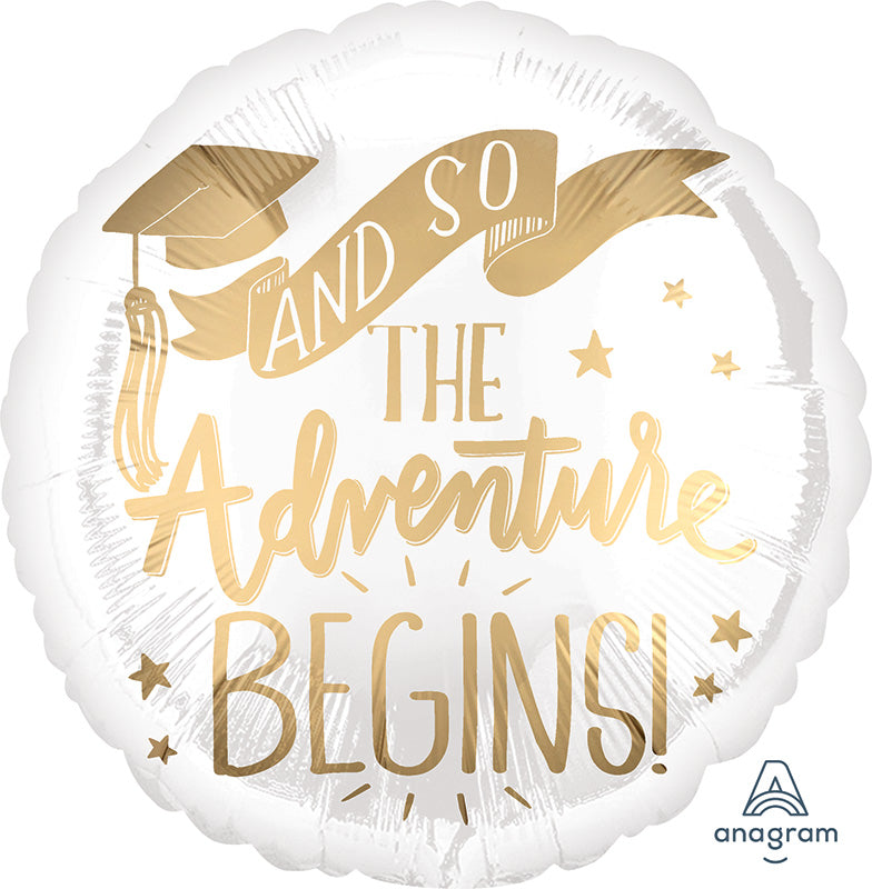18" The Adventure Begins White & Gold Foil Balloon