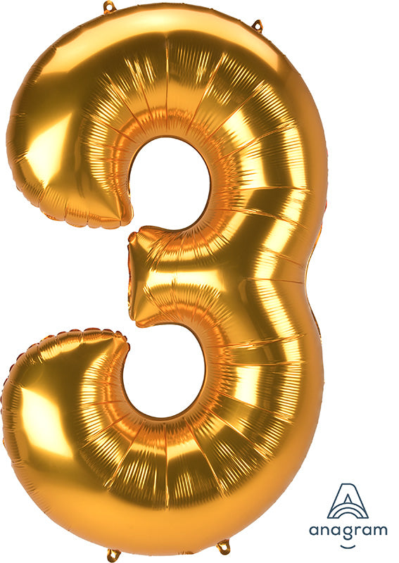 53" Jumbo Jumbo Anagram Brand Number "3" Gold Foil Balloon