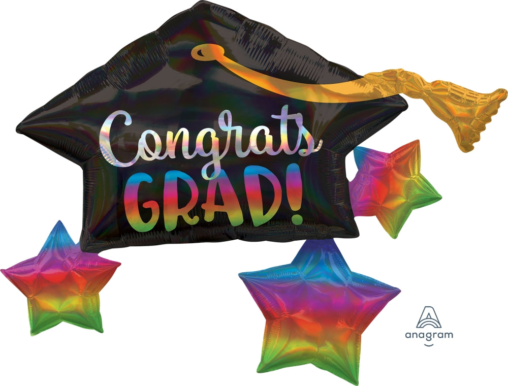 34" Iridescent Grad Cap & Stars Foil Balloon