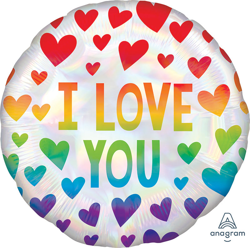 18" I Love You Iridescent Rainbow Hearts Foil Balloon