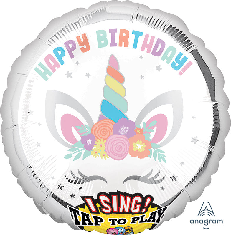 28" Happy Birthday Unicorn Party Sing-A-Tune Foil Balloon