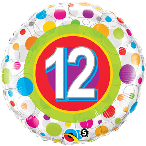 18" Age 12 Colourful Dots Mylar Balloon
