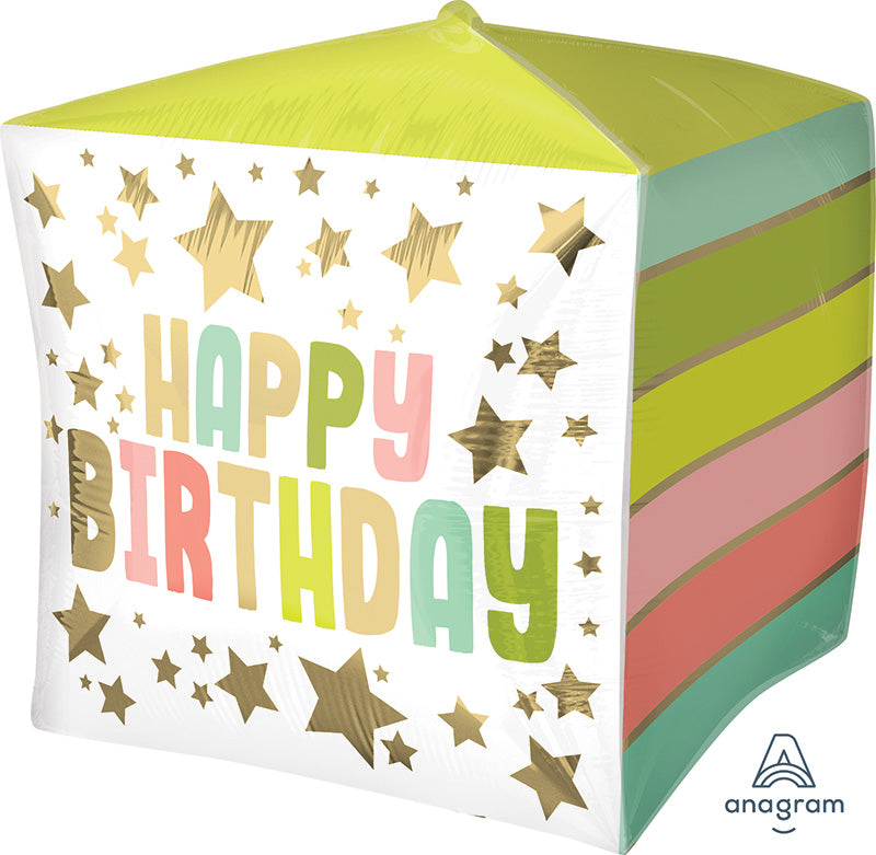 15" Happy Birthday Gold Stars Colors Cubez Foil Balloon