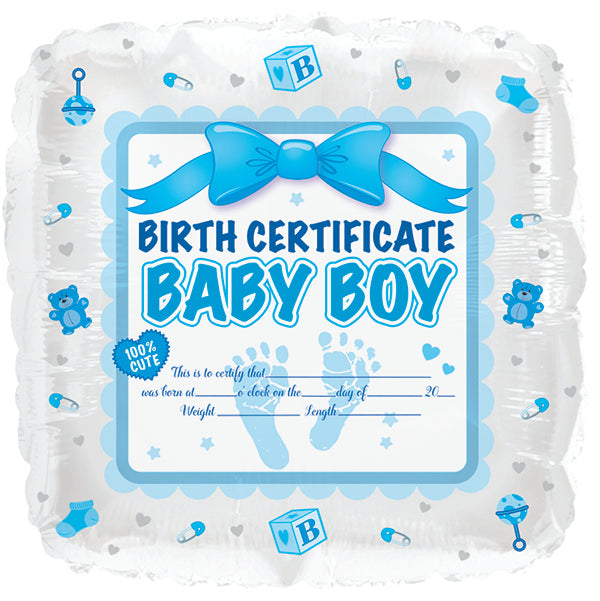 18" Baby Boy Birth Certificate Foil Balloon