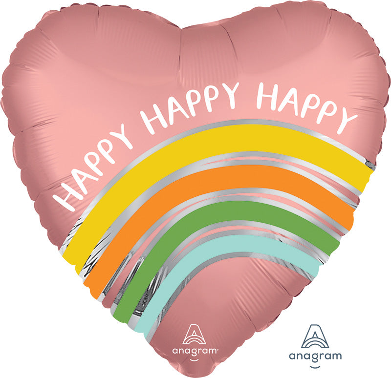 18" Satin Peace Love Happy Happy Happy Stripes Foil Balloon