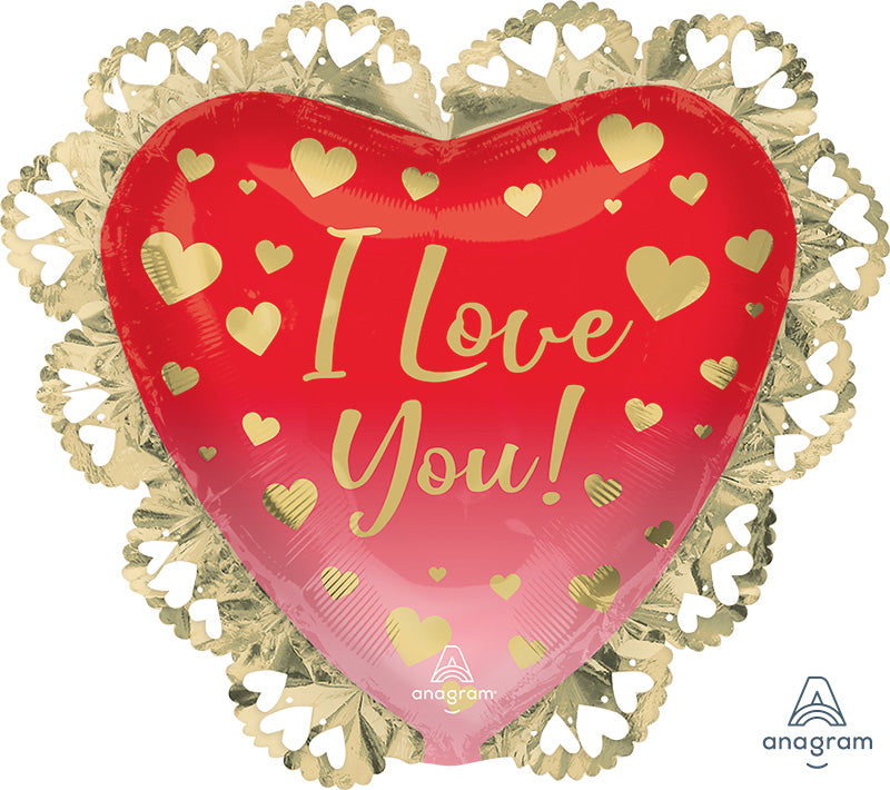 23" SuperShape Intricates I Love You Ombré & Gold Hearts Foil Balloon