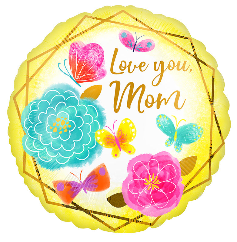 18" Love You Mom Gold Trim Foil Balloon