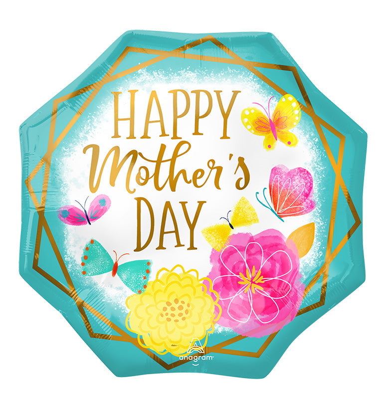 22" SuperShape Happy Mother's Day Gold Trim Octagon Foil Balloon
