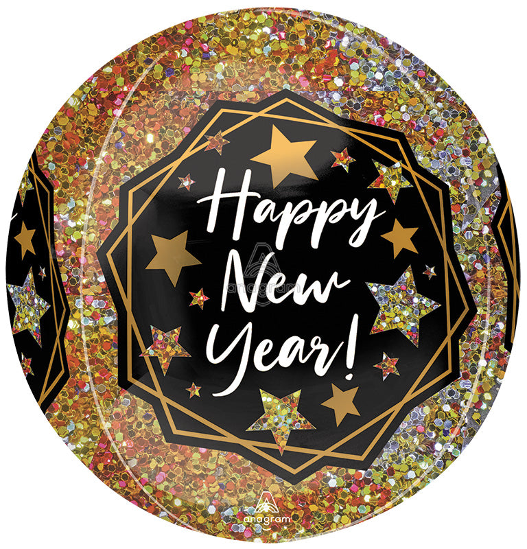 16" Orbz Happy New Years Gold Sparkle Foil Balloon