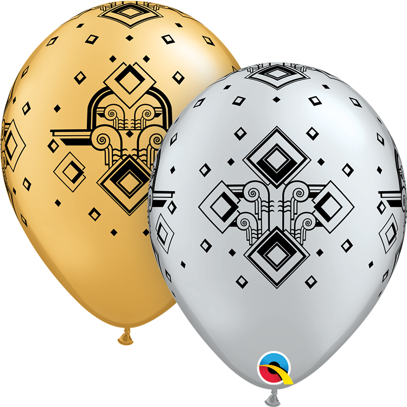 11" Silver & Gold (50 Per Bag) Art Deco Pattern Latex Balloons