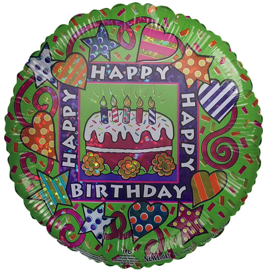 9" Airfill Only Happy Birthday Cake Hearts & Stars Green Balloon