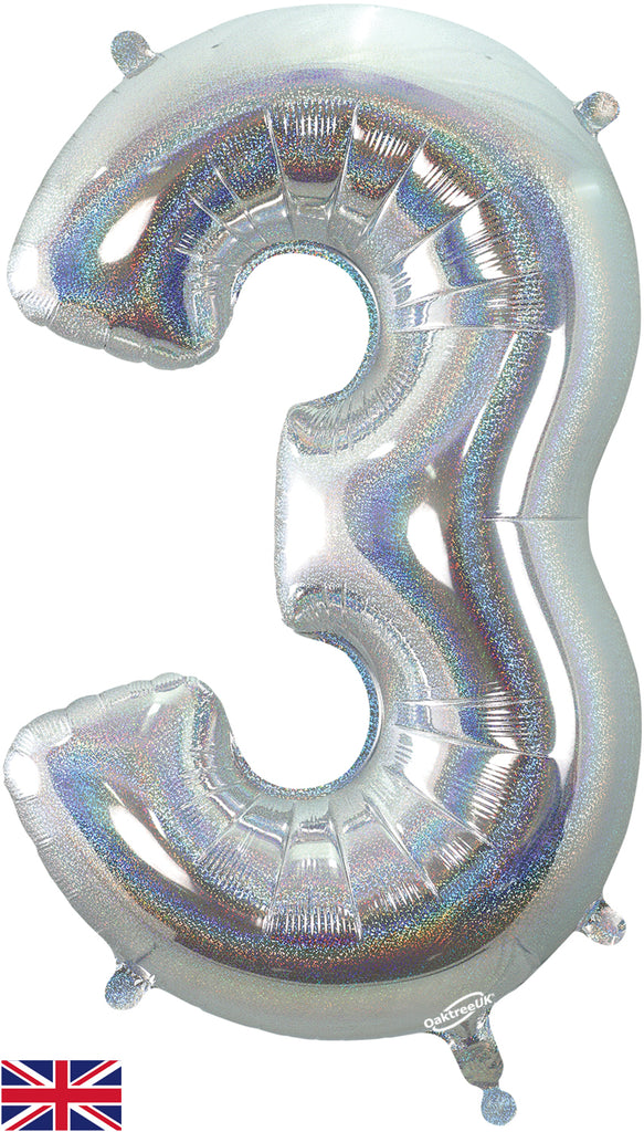 34" Number 3 Holographic Silver Oaktree Foil Balloon