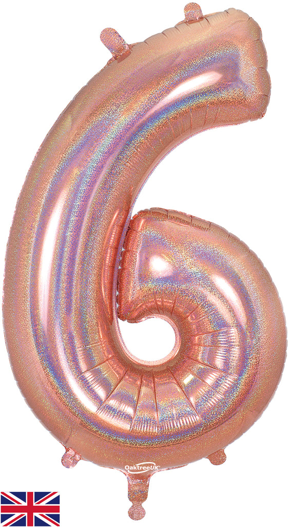 34" Number 6 Holographic Rose Gold Oaktree Foil Balloon