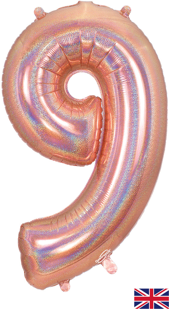 34" Number 9 Holographic Rose Gold Oaktree Foil Balloon