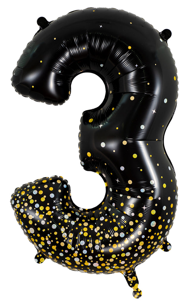 34" Number 3 Fizz Holographic Black Oaktree Foil Balloon