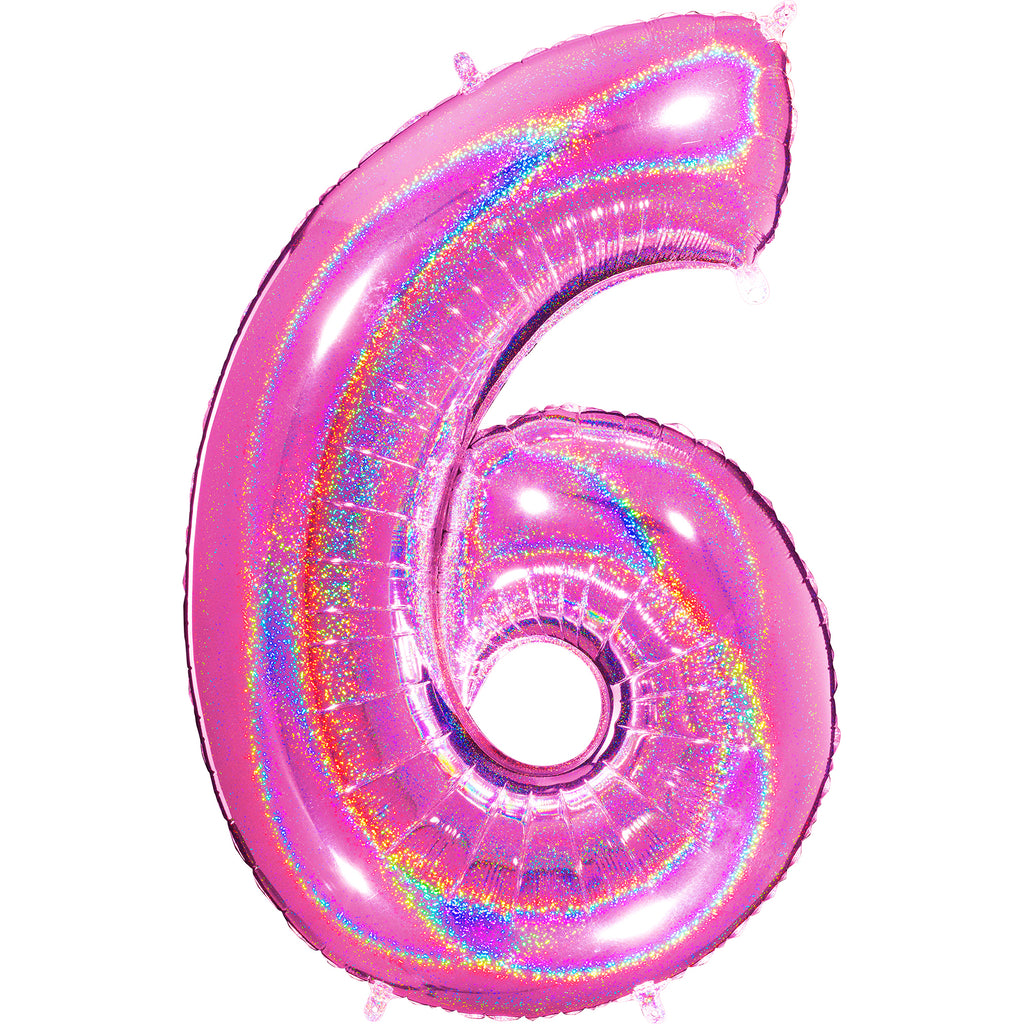 40" Number "6" Fucshia Glitter Holographic Balloons