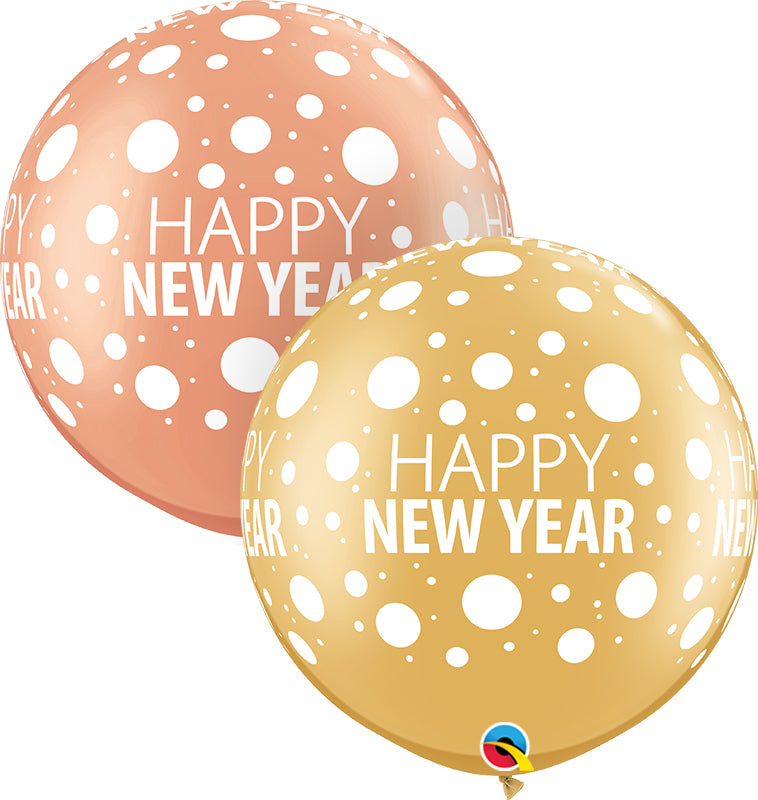 30" Rose Gold&Gold (2 Per Bag) Happy New Year Dots-A- Latex Balloons
