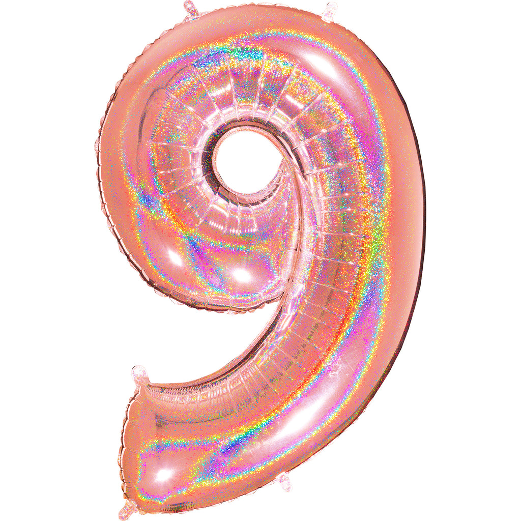 40" Number "9" Rose Gold Glitter Holographic Balloons