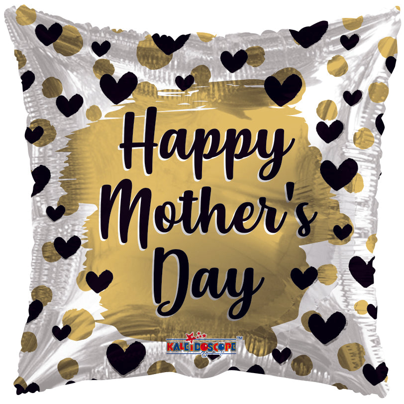 18" Happy Mother's Day Gold & Black Hearts Foil Balloon