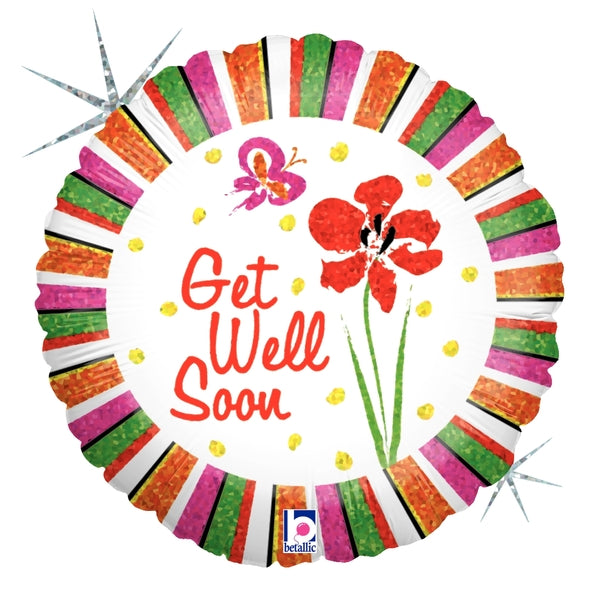 18" Holographic Packaged Iris & Stripes Get Well Soon Balloon