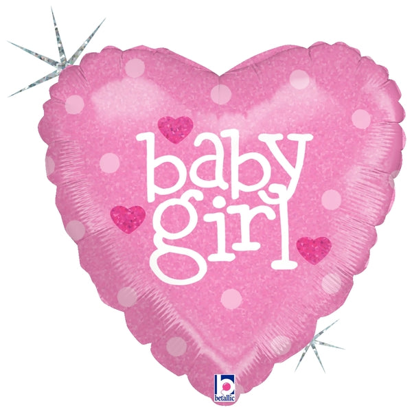 18" Holographic Balloon Packaged Baby Girl Heart
