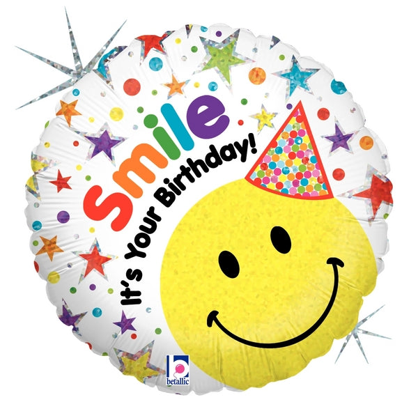 18" Holographic Balloon Smiley Birthday Hat