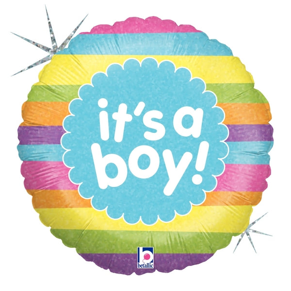 18" Holographic Packaged It's A Boy Rainbow Stripes Balloon