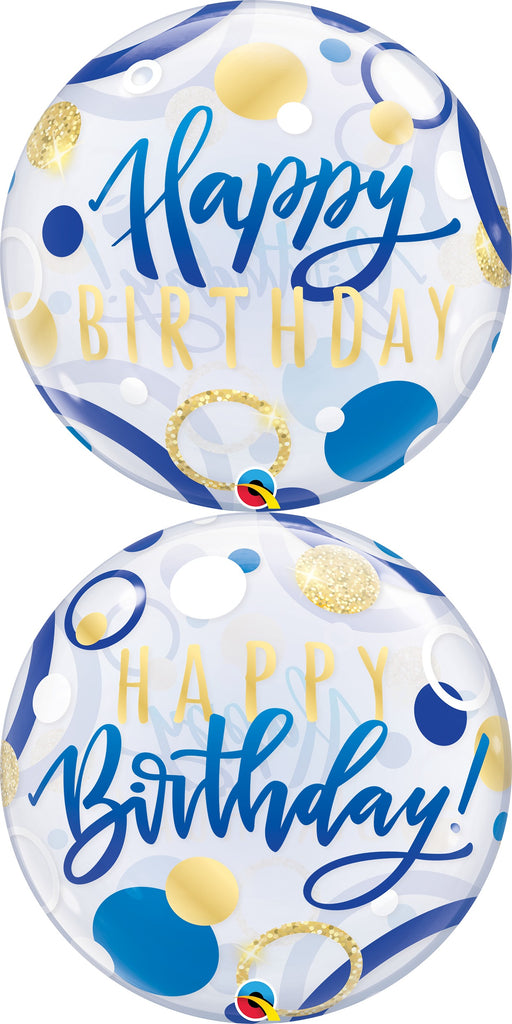 22" Birthday Blue & Gold Dots Bubble Balloon