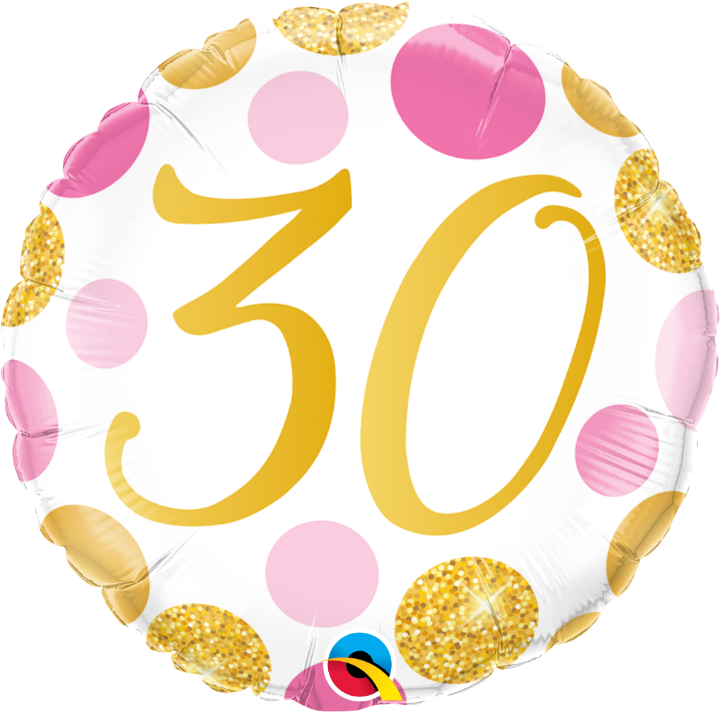 18" Number 30 Pink & Gold Dots Foil Balloon