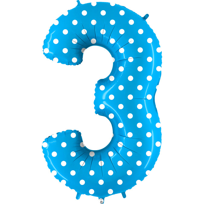 40" Foil Shape Balloon Number 3 Baby Blue Dots