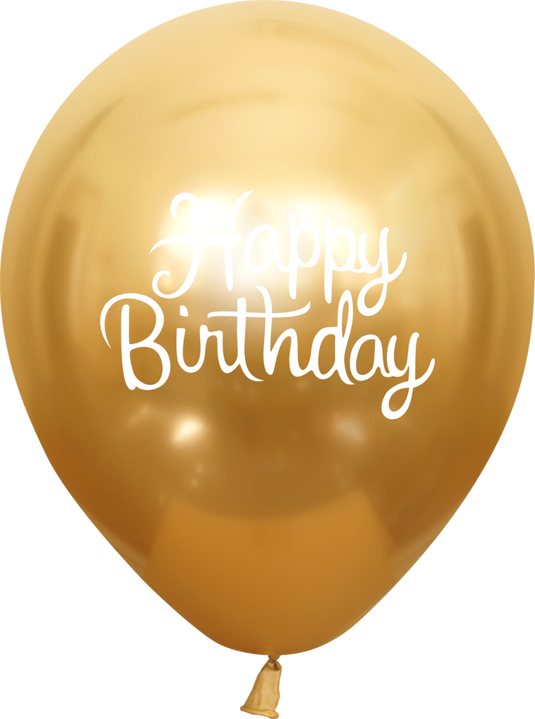 12" Mirror Happy Birthday Gold Latex Balloons (25 Per Bag) 2 Side Print
