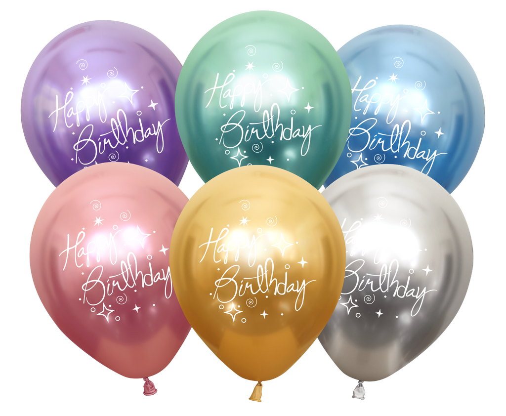 12" Mirror Happy Birthday Assorted Latex Balloons (25 Per Bag) 2 Side Print
