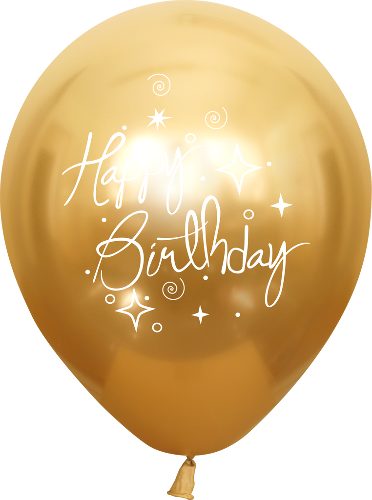 12" Mirror Happy Birthday Gold Latex Balloons (25 Per Bag) 2 Side Print