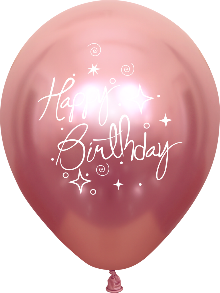 12" Mirror Happy Birthday Pink Latex Balloons (25 Per Bag) 2 Side Print