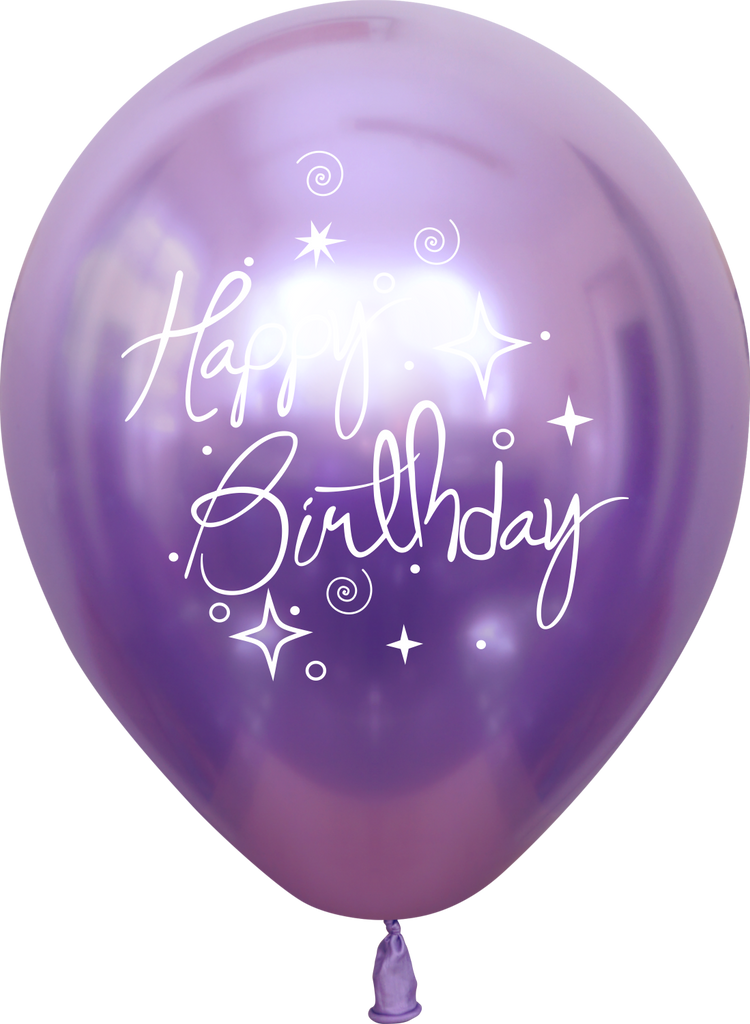 12" Mirror Happy Birthday Violet Latex Balloons (25 Per Bag) 2 Side Print