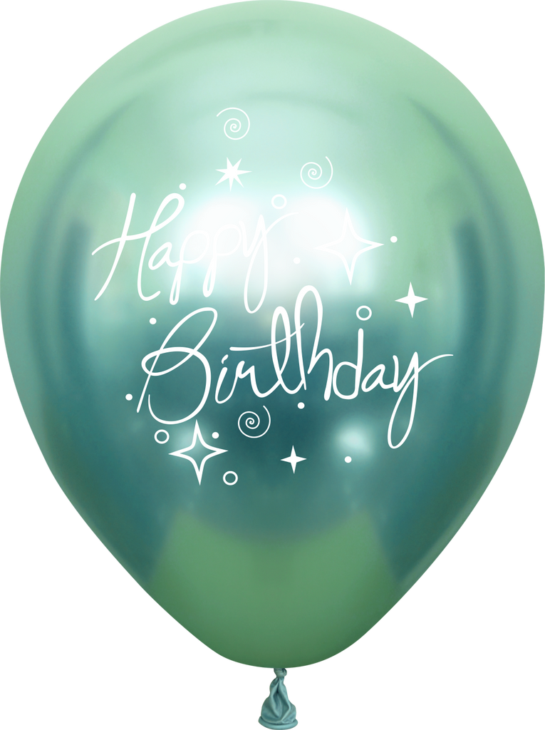 12" Mirror Happy Birthday Green Latex Balloons (25 Per Bag) 2 Side Print