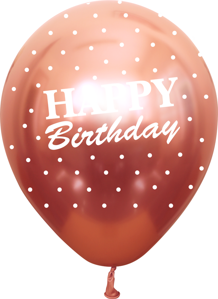 12" Mirror Happy Birthday All Around Rose Gold Latex Balloons (25 Per Bag) 5 Side Print