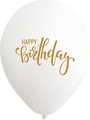 12" Happy Birthday White Balloon Gold Print Latex Balloons (25 Per Bag) 2 Side Print
