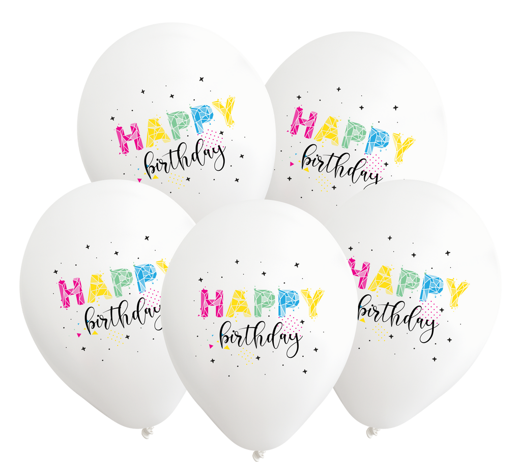 12" Happy Birthday White Balloons 5 Color Print Latex Balloons (25 Per Bag)