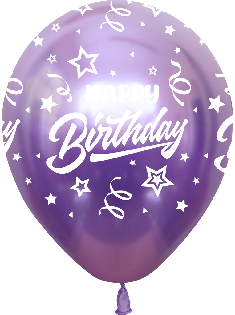12" Mirror Happy Birthday All Around Violet Latex Balloons (25 Per Bag) 5 Side Print