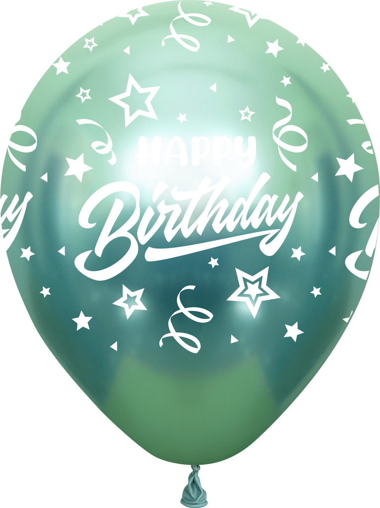 12" Mirror Happy Birthday All Around Green Latex Balloons (25 Per Bag) 5 Side Print