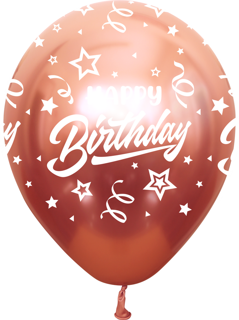 12" Mirror Happy Birthday All Around Rose Gold Latex Balloons (25 Per Bag) 5 Side Print