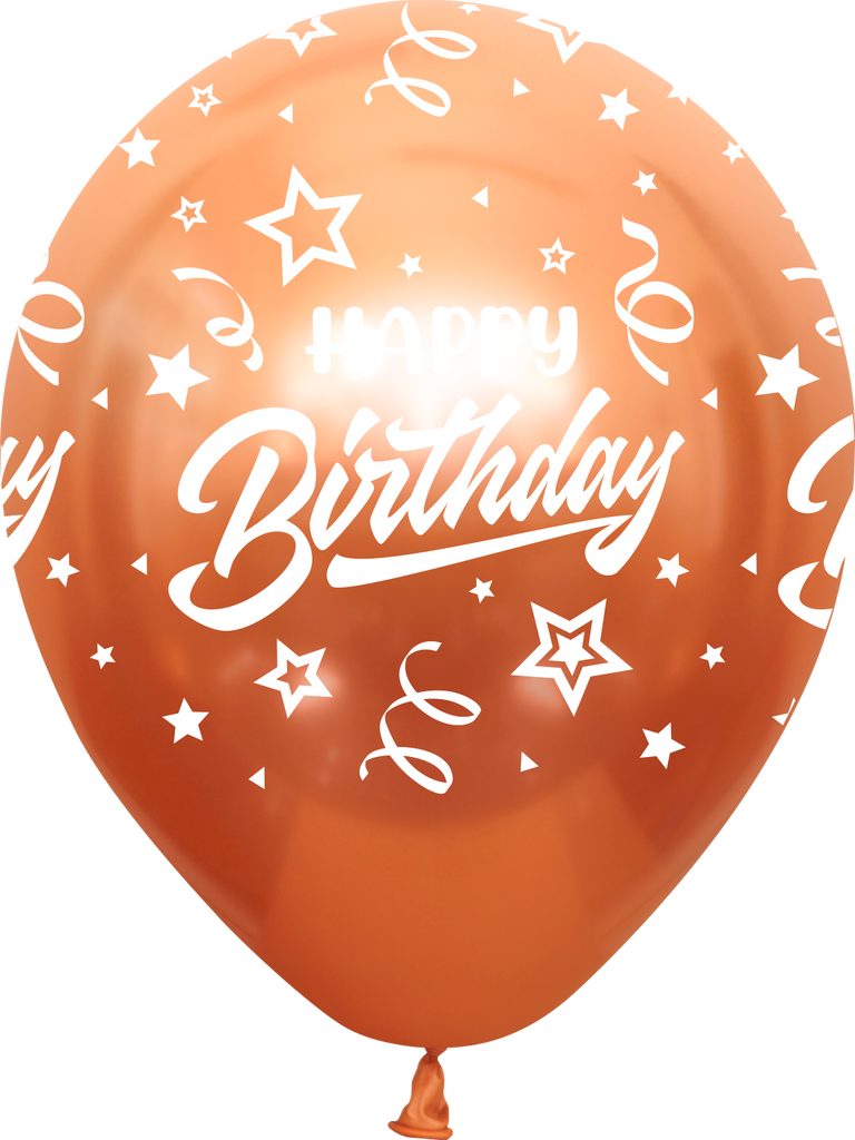 12" Mirror Happy Birthday All Around Copper Latex Balloons (25 Per Bag) 5 Side Print